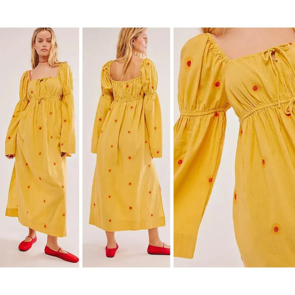 New! Free People Emory Embroidered Midi Dress Yellow nwot 22101 - Picture 1 of 10